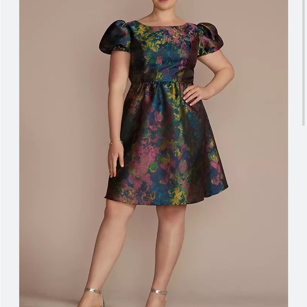 Davids Bridal Short Puff Sleeve Open Back Brocade A-Line